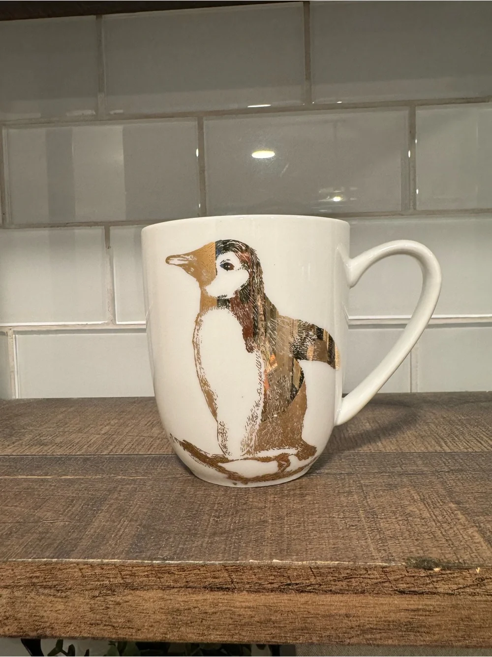 Pier 1 Gold Penguin Print on White Porcelain Coffee Mug - Set of 4